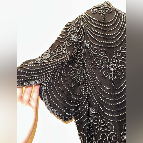 Vintage Papell Boutique Evening black beaded silk formal scalloped blouse M - Picture 2 of 8